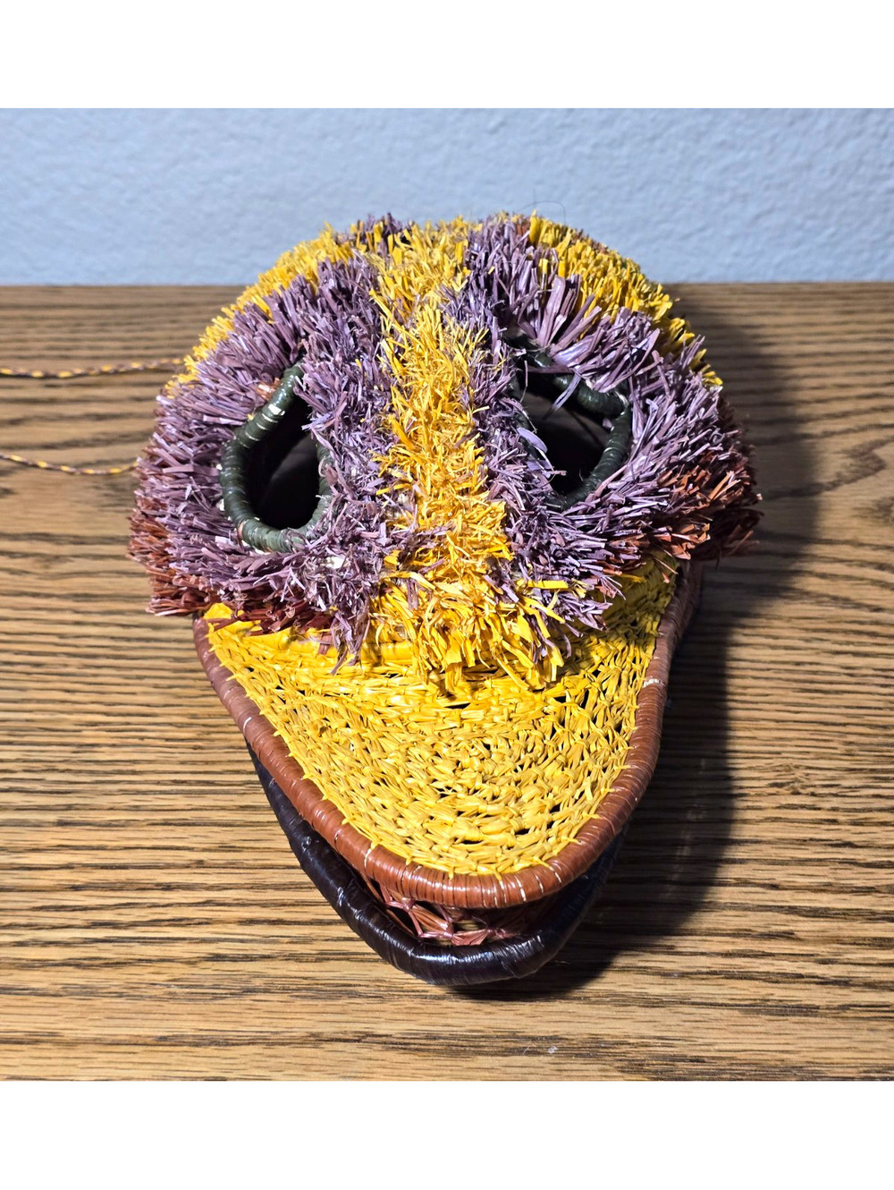 Vintage Handmade African Woven Raffia Straw Hat Purple Yellow Wall Art Decor